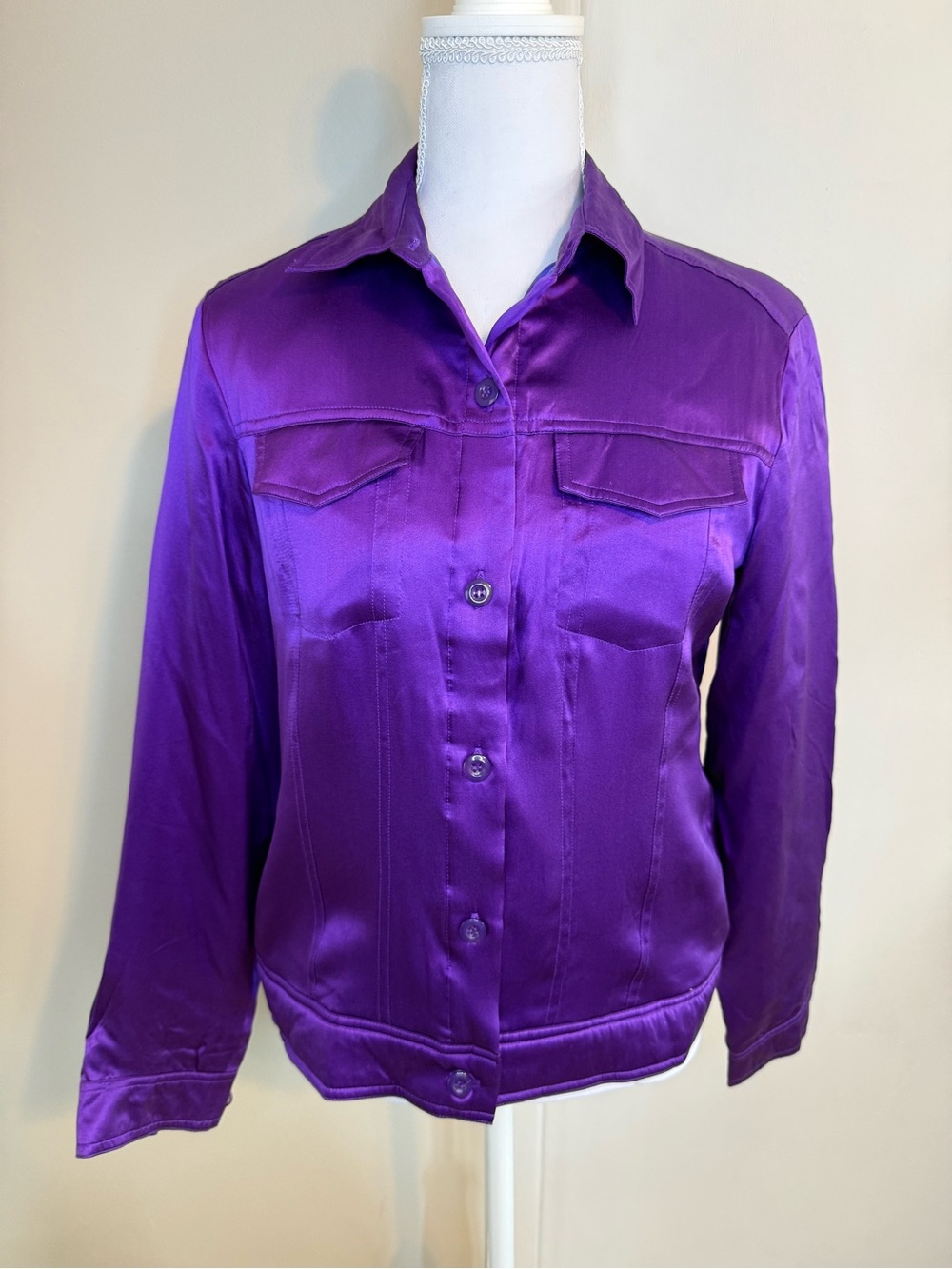 Vintage Worthington Purple 100% Silk Satin Button Down Jacket Small